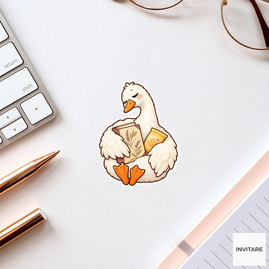Goose Book And Snack Sticker, Funny Watercolor Reader Laptop Planner Water Bottle Gift