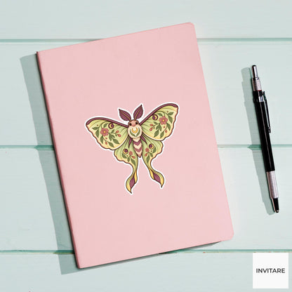 Luna Moth Floral Sticker, Watercolor Folk Art Laptop Planner Water Bottle Cottage Goth Gift
