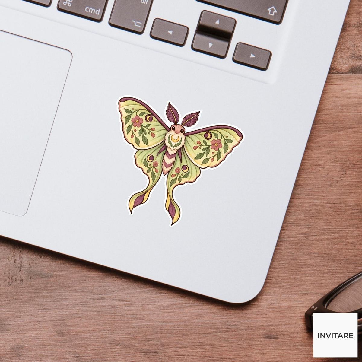 Luna Moth Floral Sticker, Watercolor Folk Art Laptop Planner Water Bottle Cottage Goth Gift