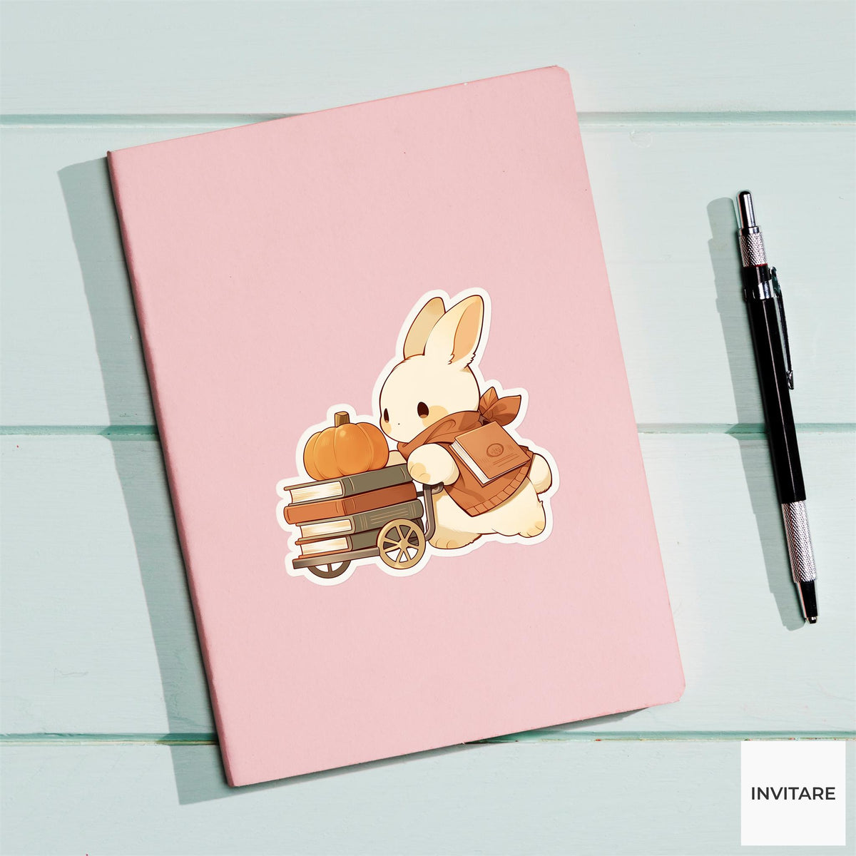 Bunny Librarian Sticker, Autumn Book Cart Pumpkin Reader Laptop Planner Journal Book Lover Gift