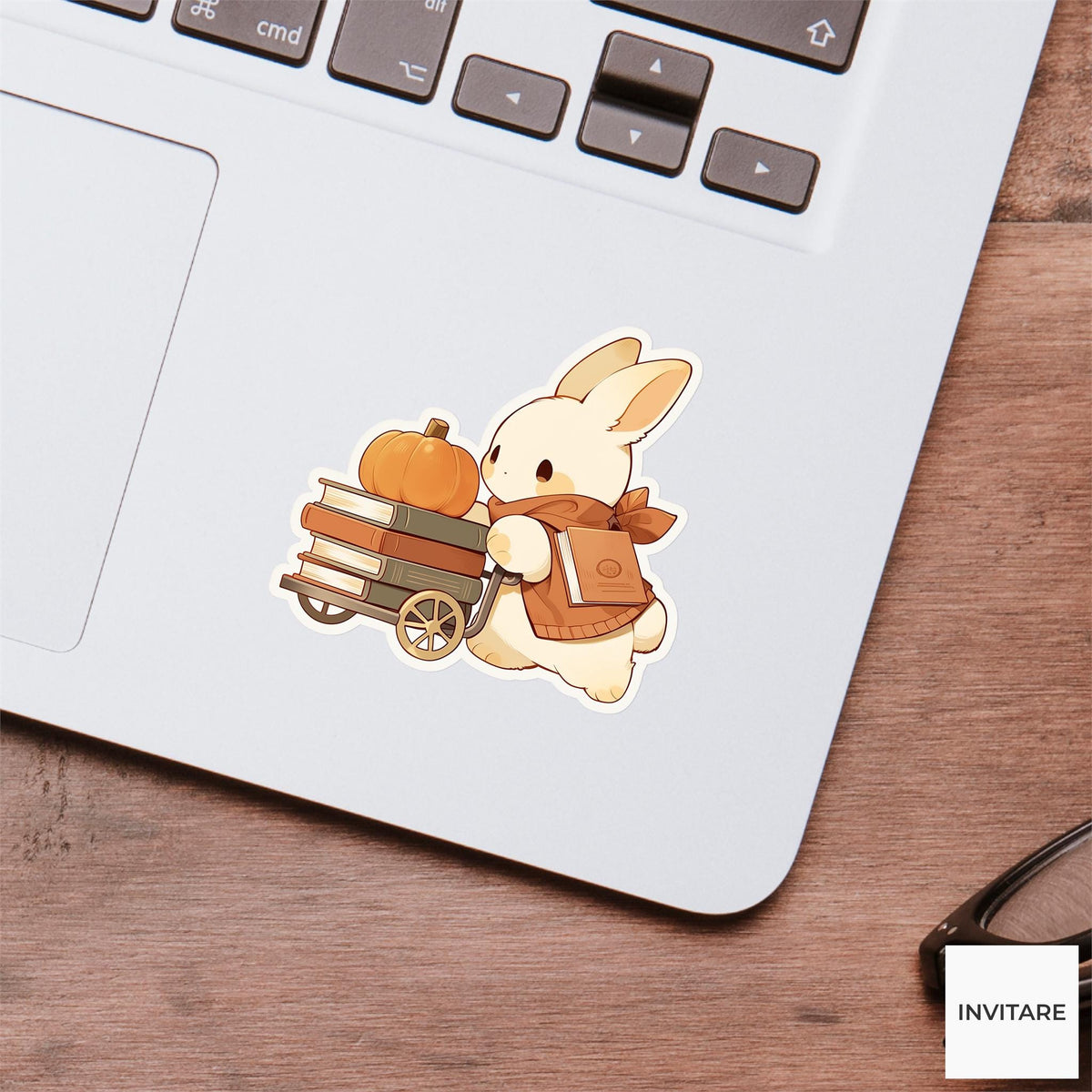 Bunny Librarian Sticker, Autumn Book Cart Pumpkin Reader Laptop Planner Journal Book Lover Gift