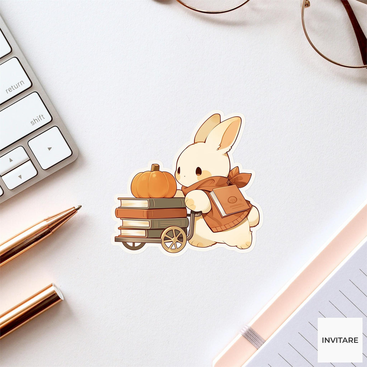 Bunny Librarian Sticker, Autumn Book Cart Pumpkin Reader Laptop Planner Journal Book Lover Gift