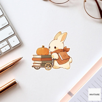 Bunny Librarian Sticker, Autumn Book Cart Pumpkin Reader Laptop Planner Journal Book Lover Gift