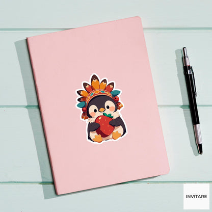 Thanksgiving Penguin Costume Sticker, Turkey Feather Cranberry Laptop Planner Journal Animal Gift