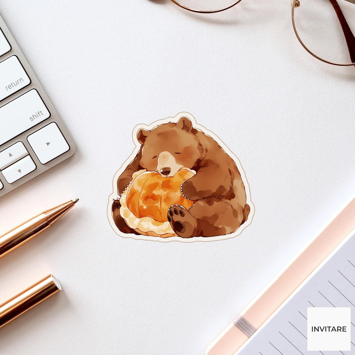 Watercolor Bear Pumpkin Pie Sticker, Cozy Thanksgiving Laptop Planner Journal Animal Lover Gift