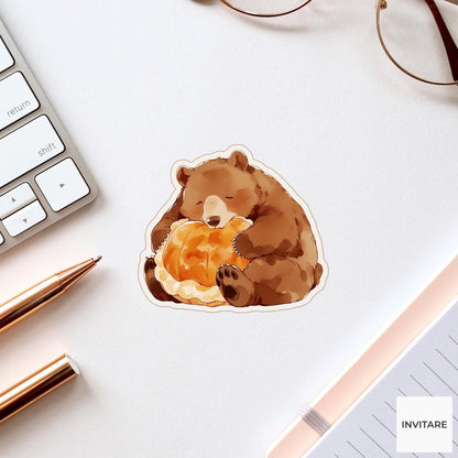 Watercolor Bear Pumpkin Pie Sticker, Cozy Thanksgiving Laptop Planner Journal Animal Lover Gift