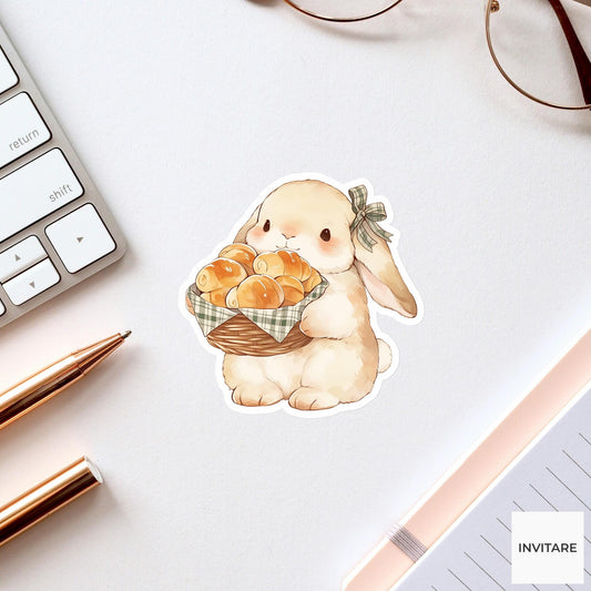 Watercolor Bunny Dinner Roll Basket Sticker, Cozy Thanksgiving Laptop Planner Journal Animal Gift