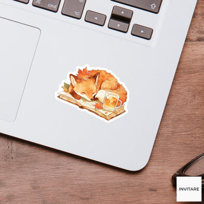 Watercolor Fox Reading Sticker, Autumn Novel Cider Laptop Planner Journal Book Lover Gift