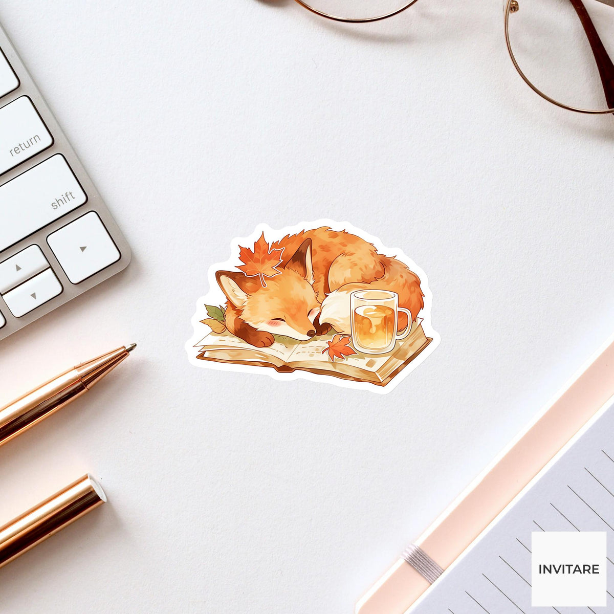 Watercolor Fox Reading Sticker, Autumn Novel Cider Laptop Planner Journal Book Lover Gift