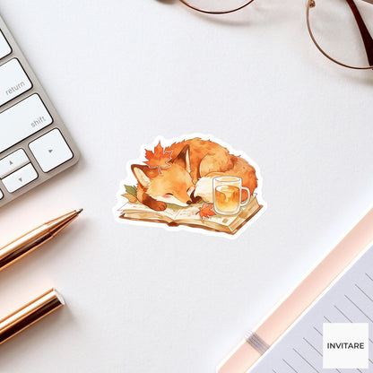 Watercolor Fox Reading Sticker, Autumn Novel Cider Laptop Planner Journal Book Lover Gift