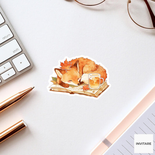 Watercolor Fox Reading Sticker, Autumn Novel Cider Laptop Planner Journal Book Lover Gift