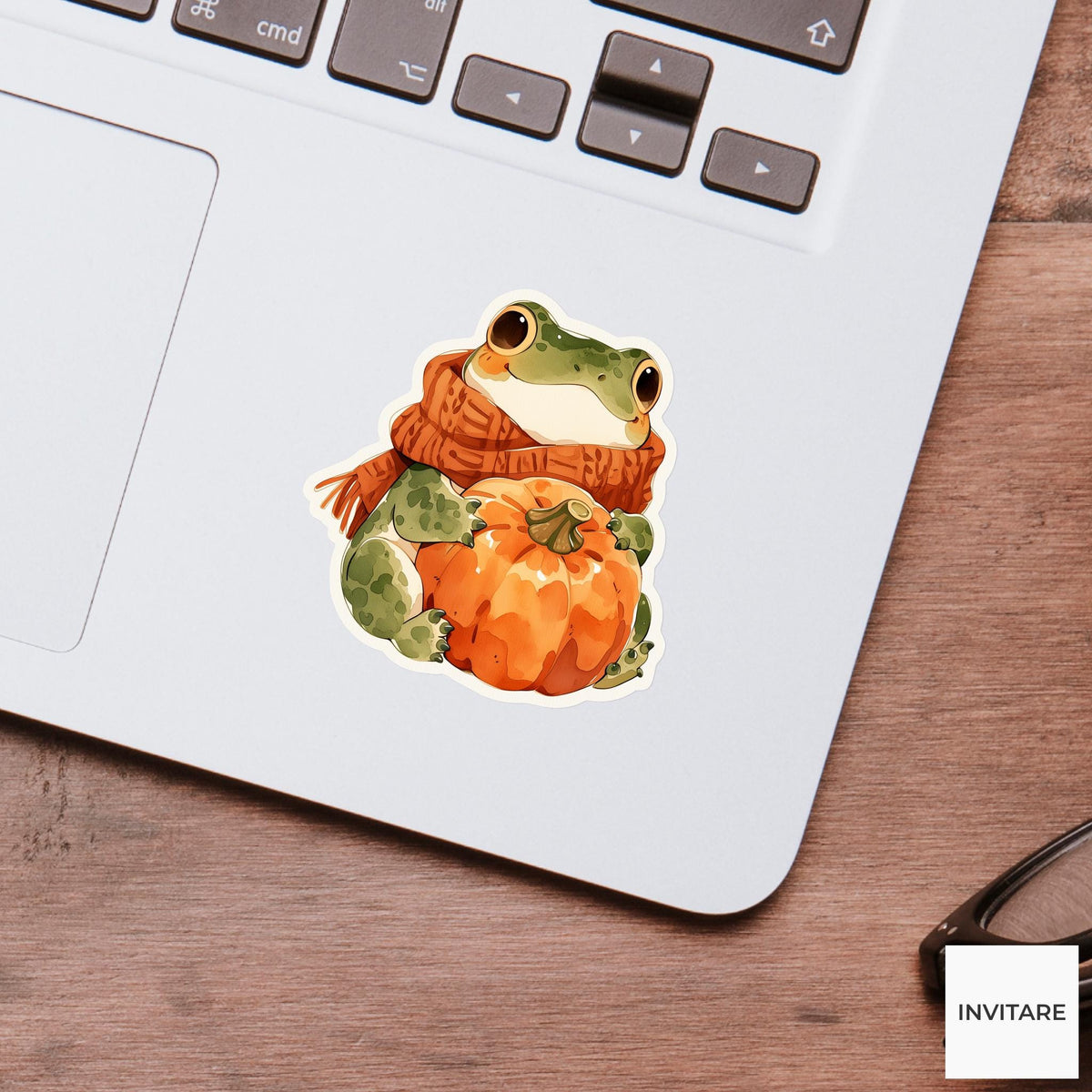 Watercolor Frog Pumpkin Sticker, Cozy Cottagecore Autumn Scarf Laptop Planner Journal Animal Gift