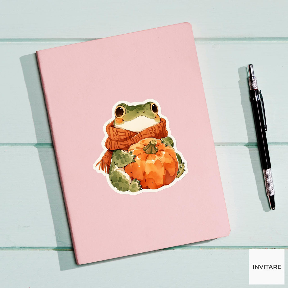 Watercolor Frog Pumpkin Sticker, Cozy Cottagecore Autumn Scarf Laptop Planner Journal Animal Gift