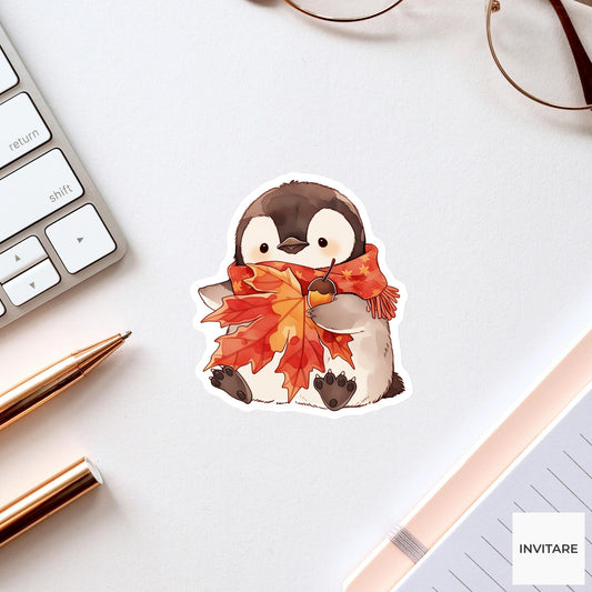 Watercolor Penguin Maple Leaf Sticker, Autumn Scarf Acorn Laptop Planner Journal Animal Gift