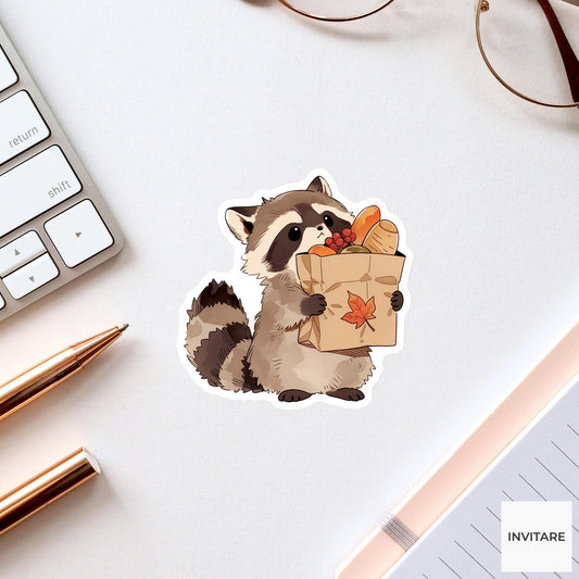 Watercolor Raccoon Leftovers Bag Sticker, Thanksgiving Maple Leaf Laptop Planner Journal Animal Gift