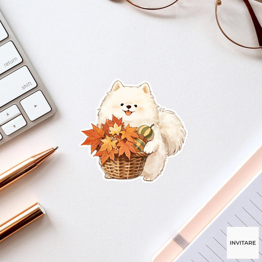 Watercolor Samoyed Autumn Basket Sticker, Maple Leaves Gourd Laptop Planner Journal Dog Gift