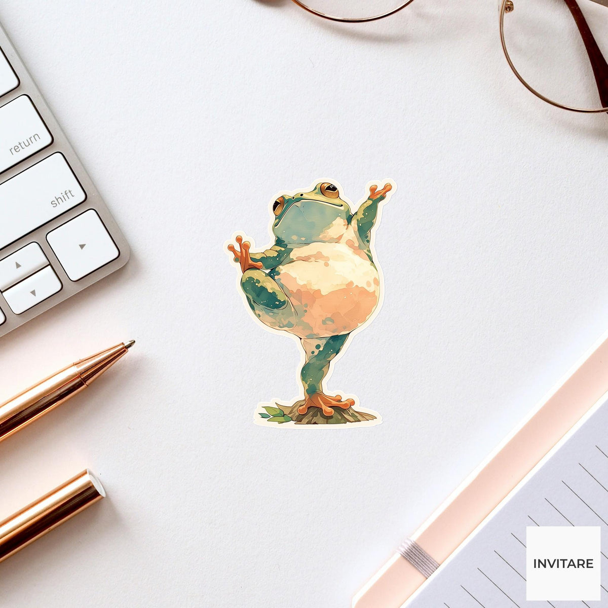 Frog Tree Pose Yoga Sticker, Watercolor Laptop Planner Water Bottle Mindfulness Gift