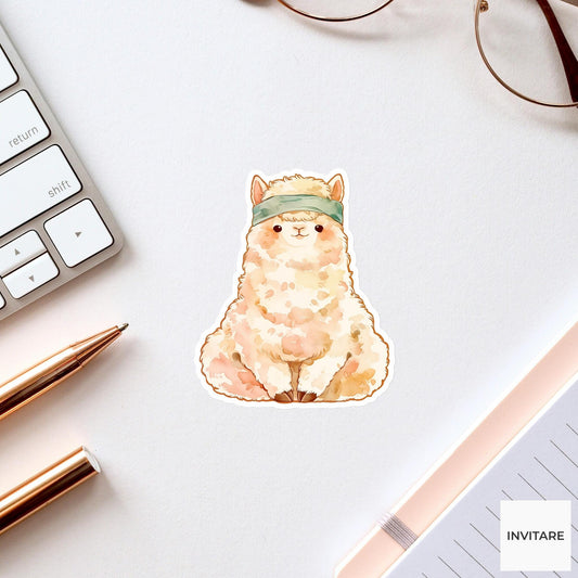 Cream Alpaca Easy Pose Yoga Sticker, Watercolor Laptop Planner Water Bottle Mindfulness Gift