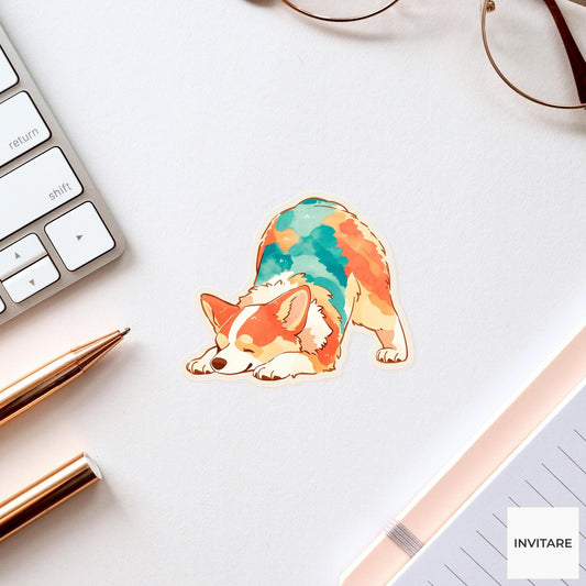 Tricolor Corgi Downward Dog Yoga Sticker, Watercolor Laptop Planner Water Bottle Mindfulness Gift