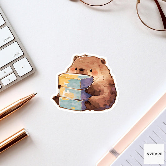 Brown Beaver Seated Twist Yoga Sticker, Watercolor Laptop Planner Water Bottle Mindfulness Gift