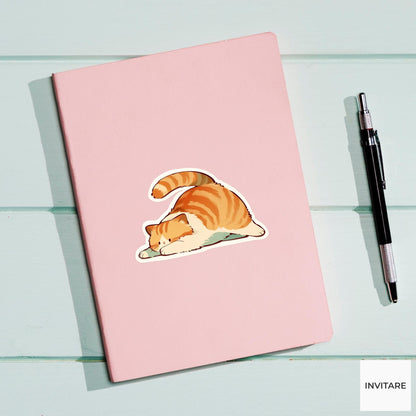 Orange Tabby Cat Cow Stretch Yoga Sticker, Watercolor Laptop Planner Water Bottle Mindfulness Gift