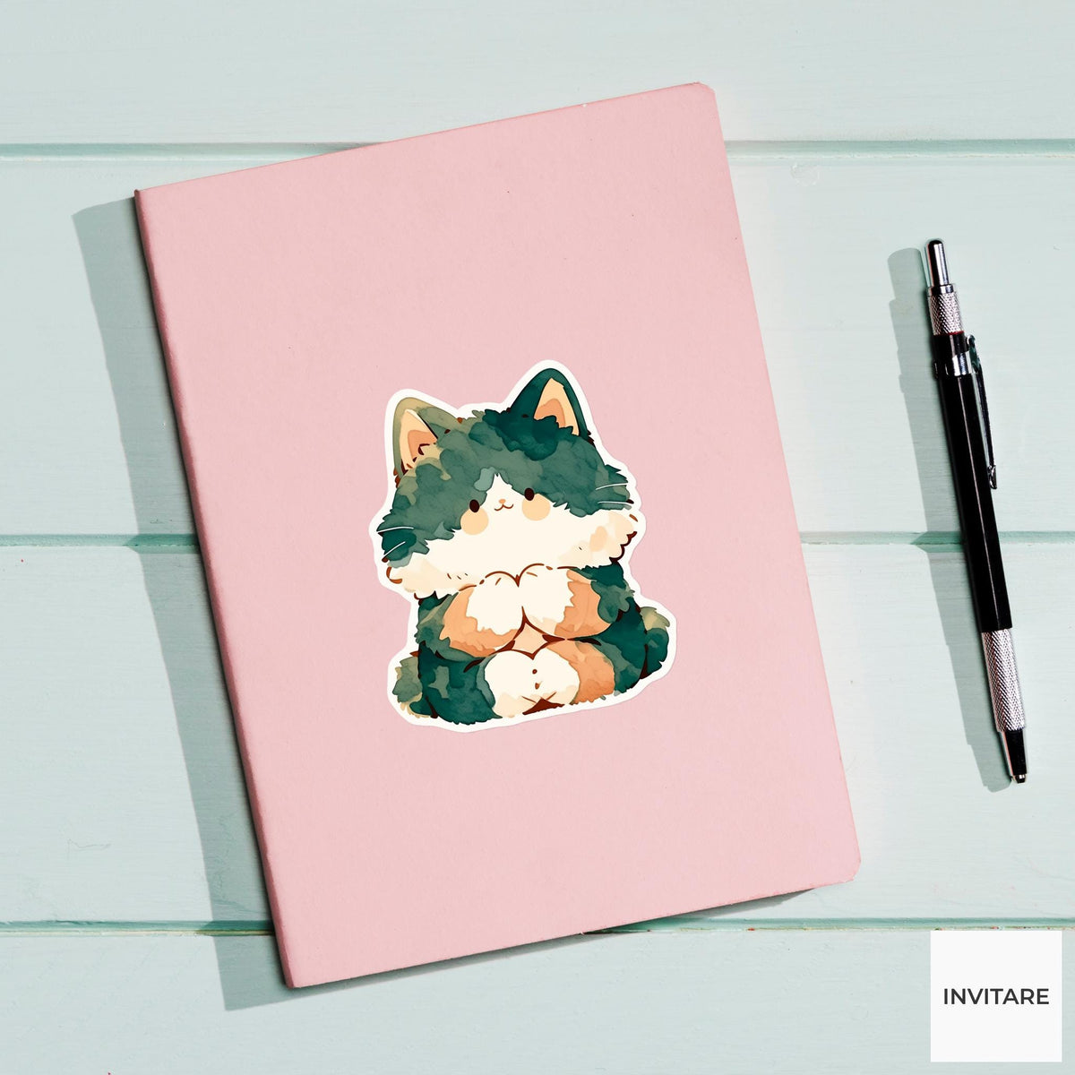 Tuxedo Cat Lotus Pose Yoga Sticker, Watercolor Laptop Planner Water Bottle Mindfulness Gift