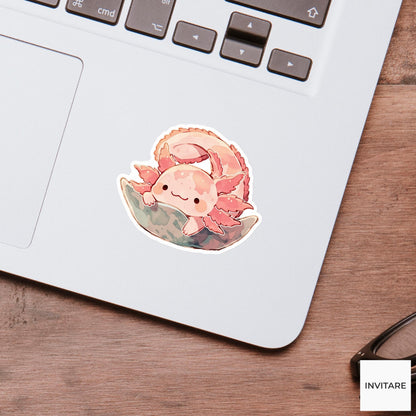 Pink Axolotl Boat Pose Yoga Sticker, Watercolor Laptop Planner Water Bottle Mindfulness Gift