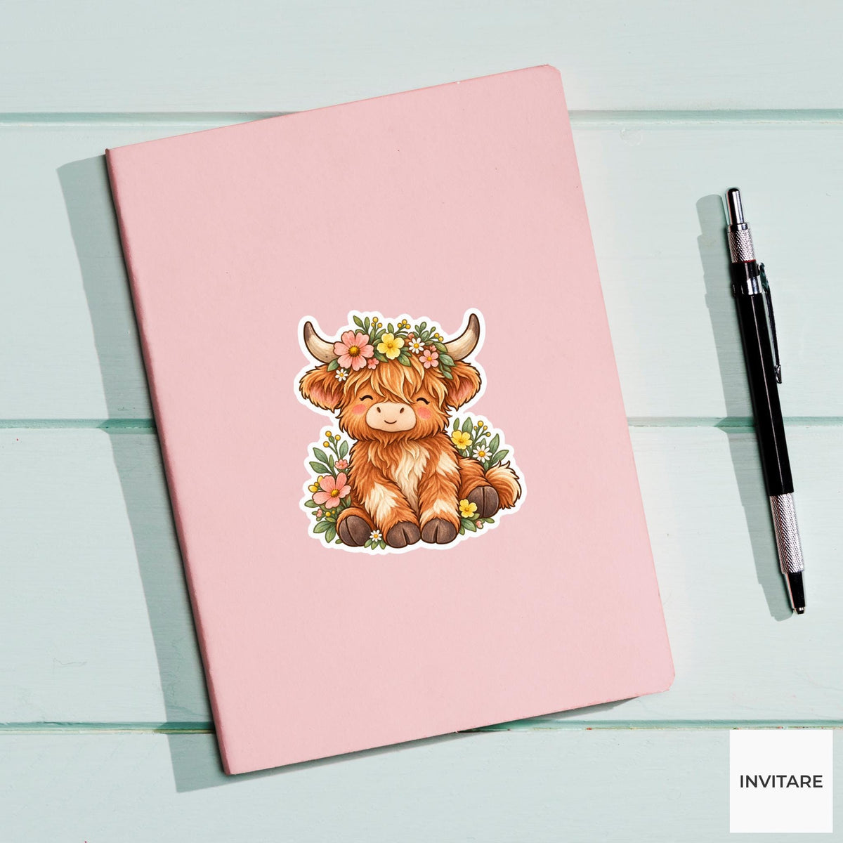 Highland Cow Flower Crown Sticker, Cute Watercolor Farm Animal Laptop Planner Water Bottle Gift