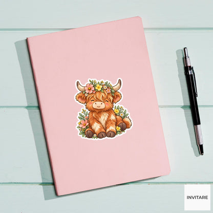 Highland Cow Flower Crown Sticker, Cute Watercolor Farm Animal Laptop Planner Water Bottle Gift
