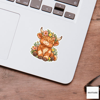 Highland Cow Flower Crown Sticker, Cute Watercolor Farm Animal Laptop Planner Water Bottle Gift