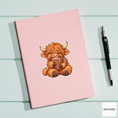 Highland Cow Coffee Mug Sticker, Sleepy Watercolor Farm Animal Laptop Planner Water Bottle Gift