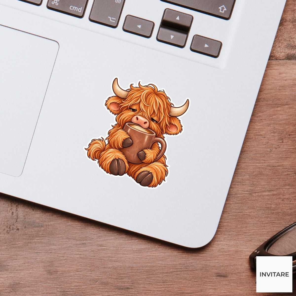 Highland Cow Coffee Mug Sticker, Sleepy Watercolor Farm Animal Laptop Planner Water Bottle Gift