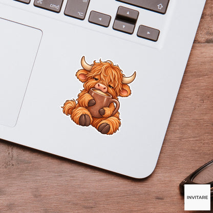 Highland Cow Coffee Mug Sticker, Sleepy Watercolor Farm Animal Laptop Planner Water Bottle Gift