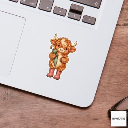 Highland Cow Rain Boots Sticker, Cute Watercolor Umbrella Laptop Planner Water Bottle Gift
