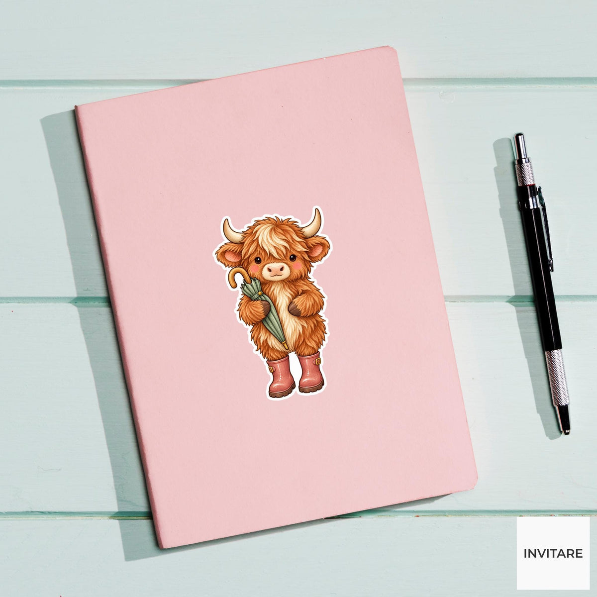 Highland Cow Rain Boots Sticker, Cute Watercolor Umbrella Laptop Planner Water Bottle Gift