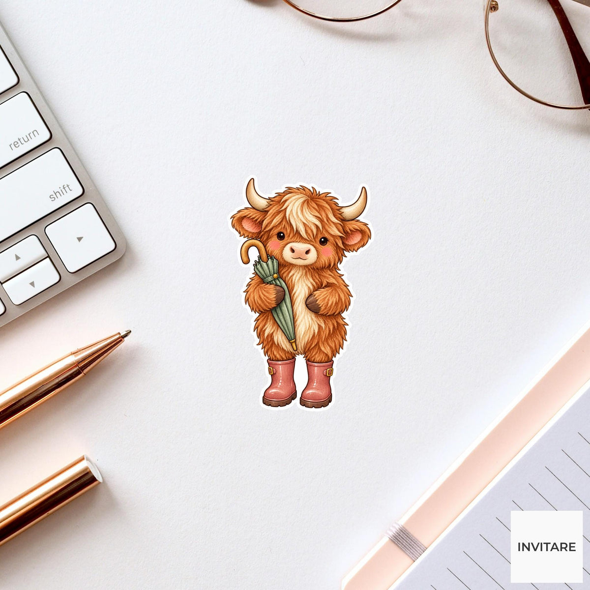 Highland Cow Rain Boots Sticker, Cute Watercolor Umbrella Laptop Planner Water Bottle Gift