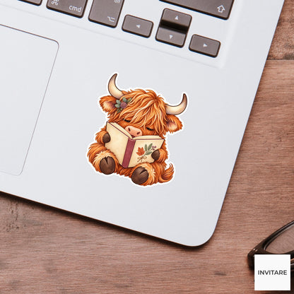 Bookish Highland Cow Sticker, Cute Watercolor Reader Laptop Planner Water Bottle Gift