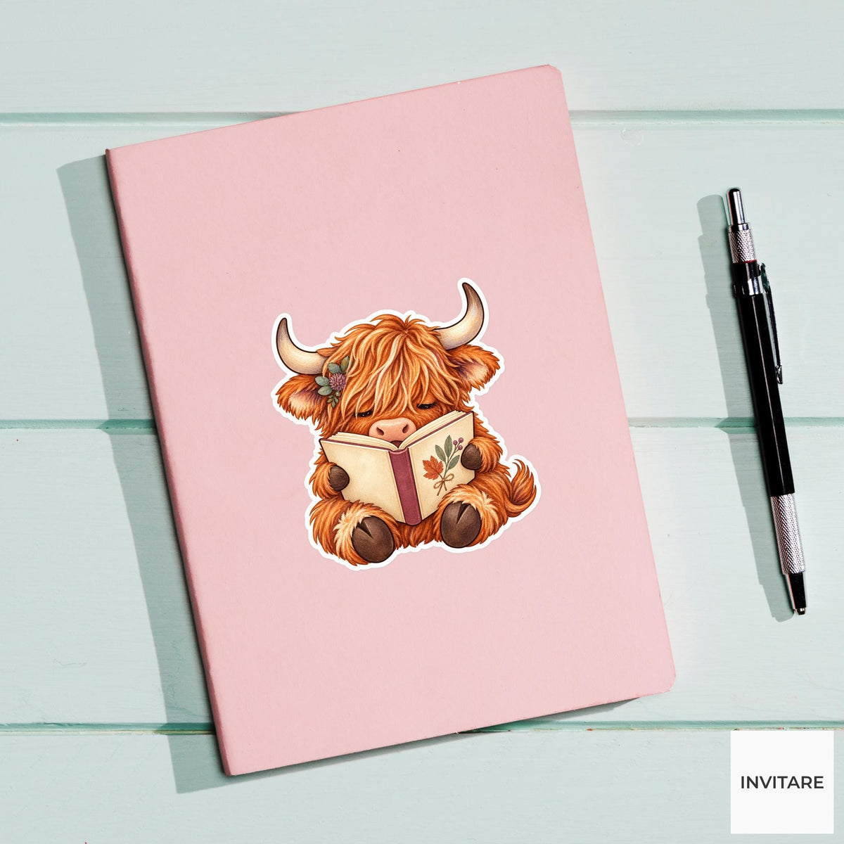 Bookish Highland Cow Sticker, Cute Watercolor Reader Laptop Planner Water Bottle Gift