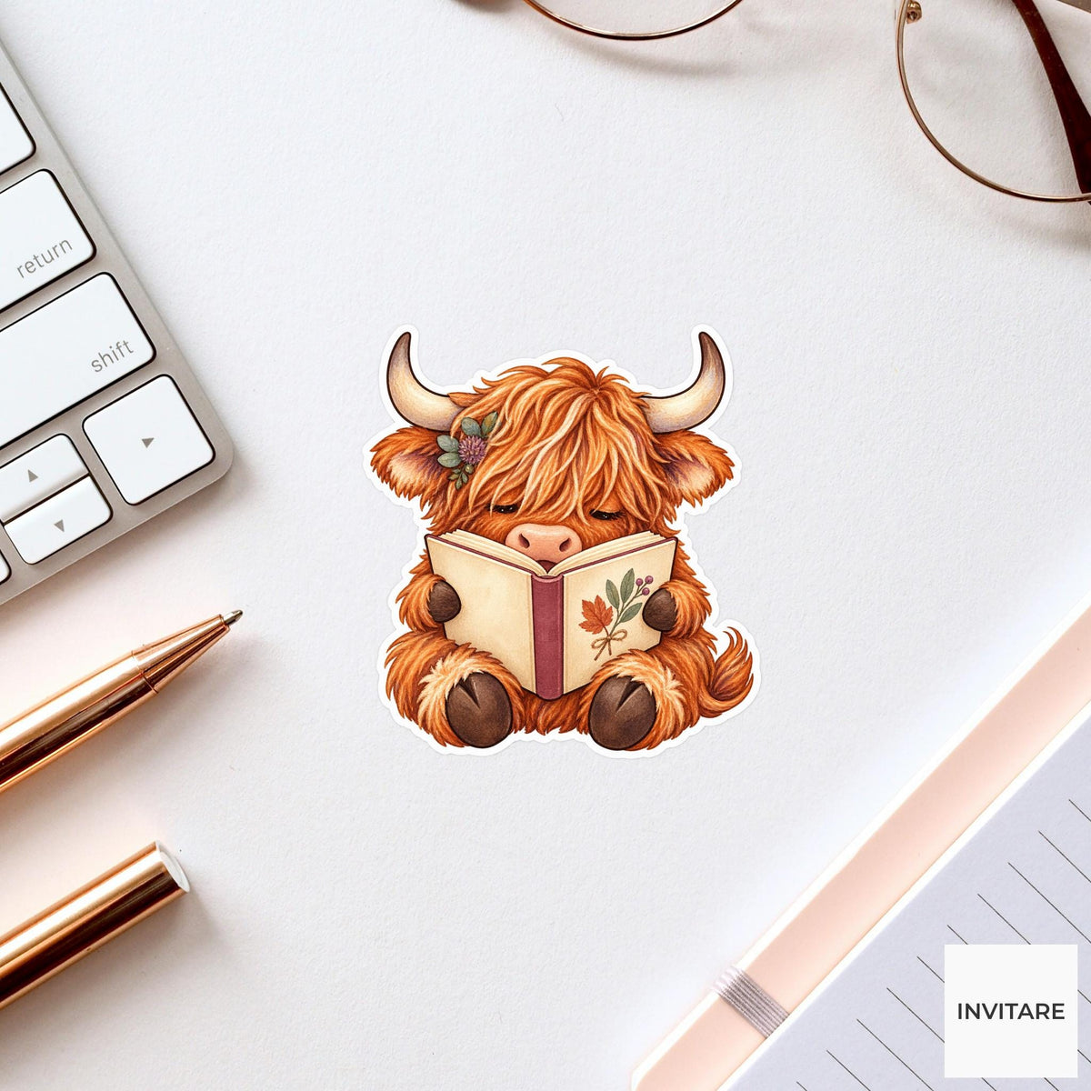 Bookish Highland Cow Sticker, Cute Watercolor Reader Laptop Planner Water Bottle Gift