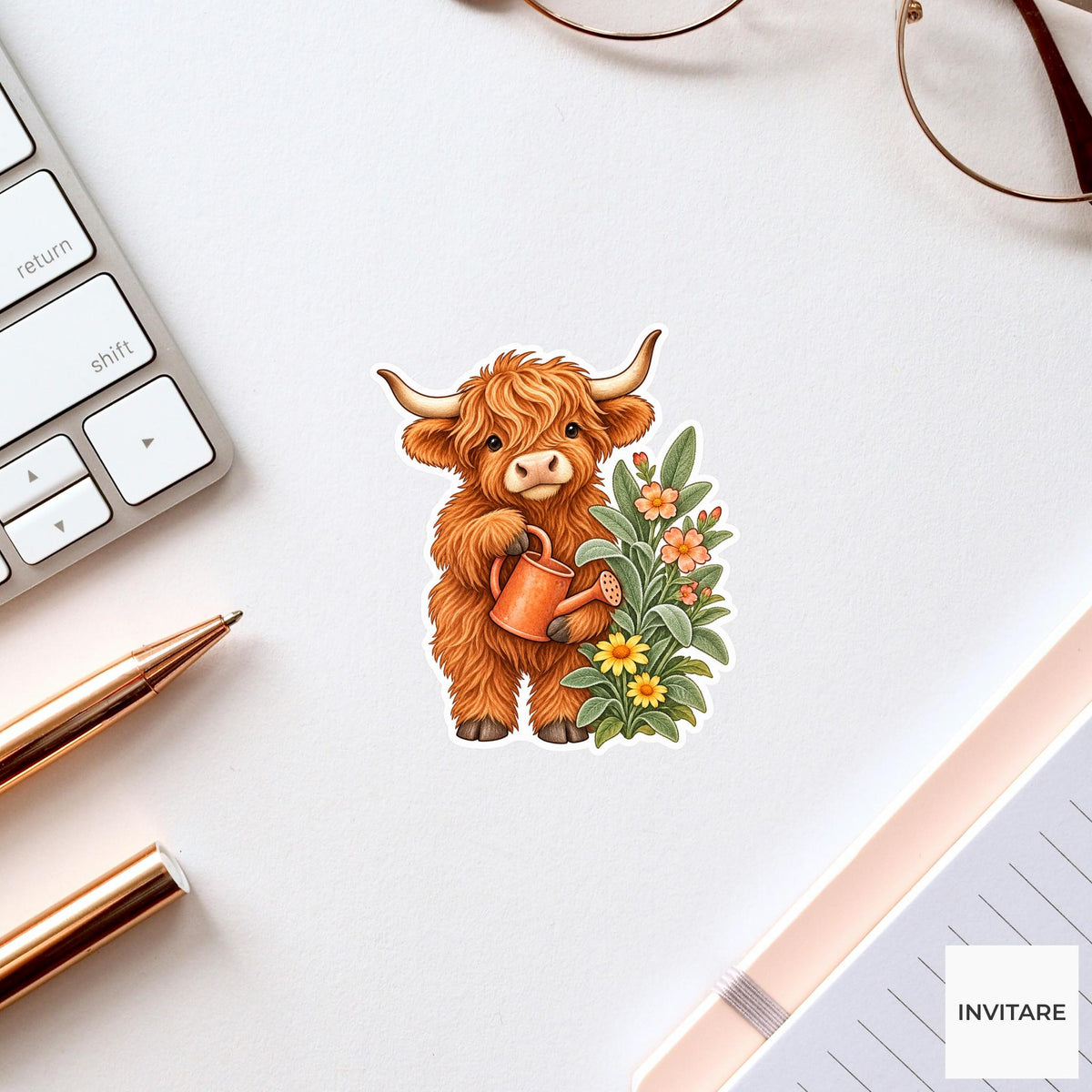 Highland Cow Watering Can Sticker, Cute Watercolor Gardener Laptop Planner Water Bottle Gift