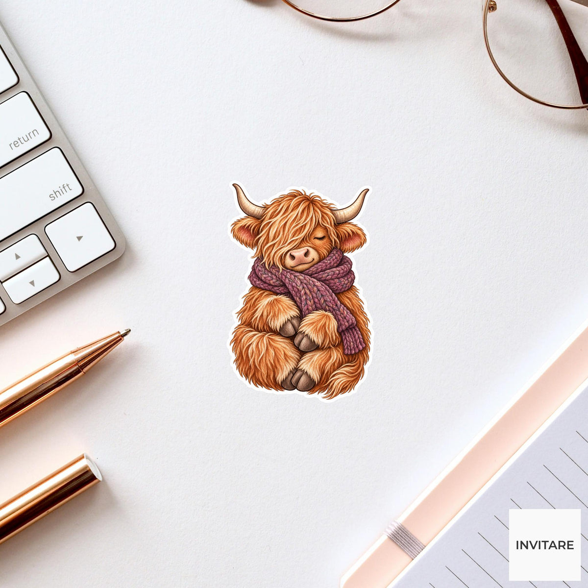 Cozy Highland Cow Scarf Sticker, Sleepy Watercolor Laptop Planner Water Bottle Winter Gift