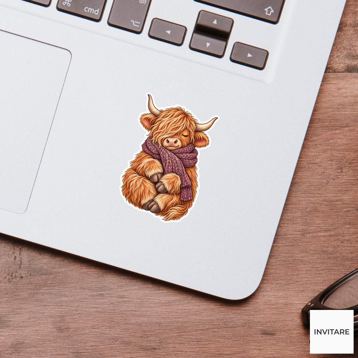 Cozy Highland Cow Scarf Sticker, Sleepy Watercolor Laptop Planner Water Bottle Winter Gift