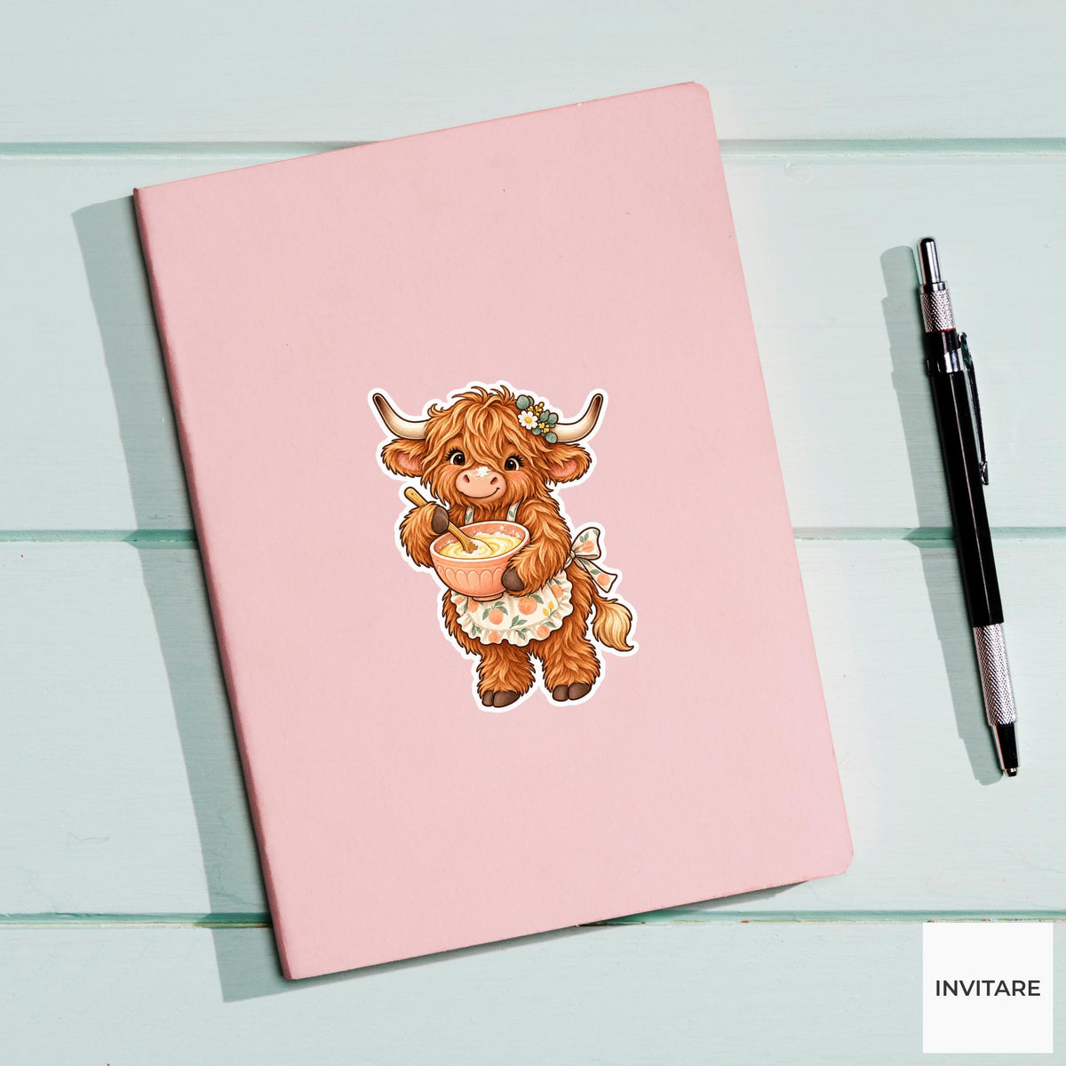 Highland Cow Baking Sticker, Cute Watercolor Baker Laptop Planner Water Bottle Kitchen Gift