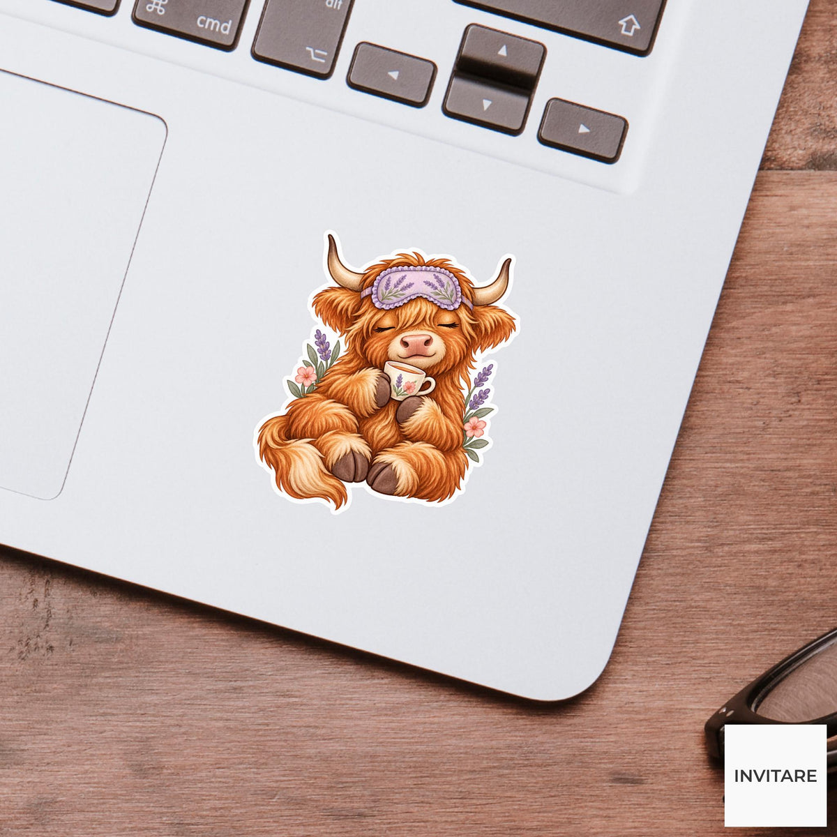 Highland Cow Self Care Sticker, Cozy Watercolor Tea Laptop Planner Water Bottle Gift