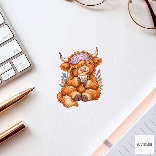 Highland Cow Self Care Sticker, Cozy Watercolor Tea Laptop Planner Water Bottle Gift