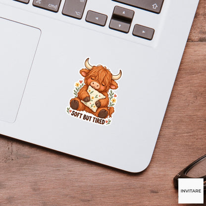 Highland Cow Soft But Tired Sticker, Funny Watercolor Laptop Planner Water Bottle Gift