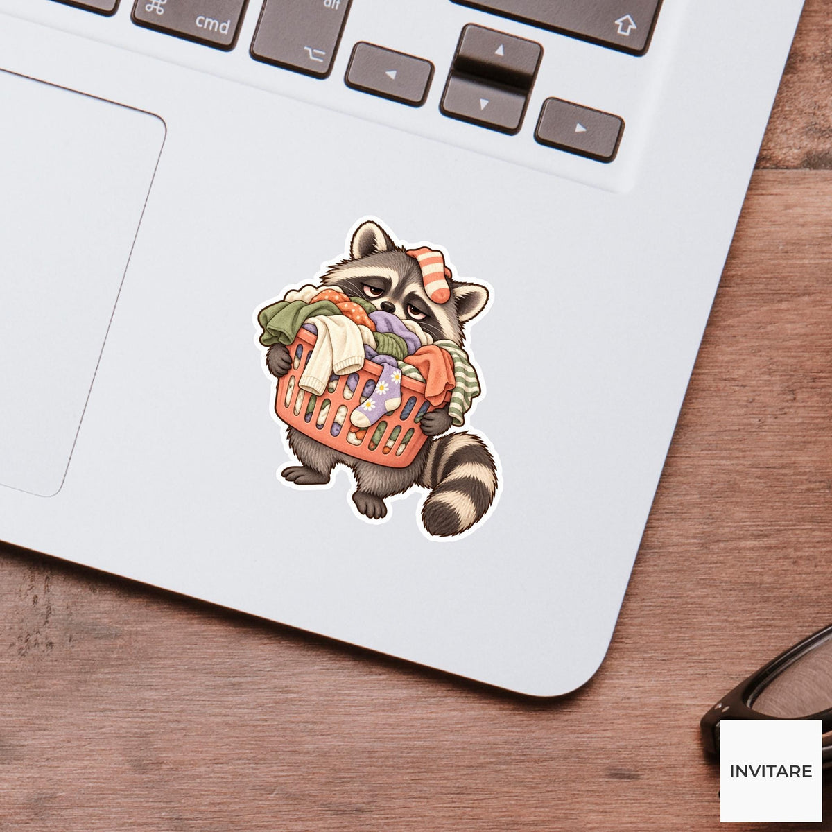 Raccoon Laundry Basket Sticker, Tired Watercolor Trash Panda Laptop Planner Water Bottle Gift