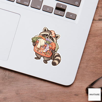 Raccoon Laundry Basket Sticker, Tired Watercolor Trash Panda Laptop Planner Water Bottle Gift
