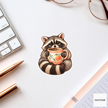 Raccoon Coffee Mug Sticker, Funny Watercolor Trash Panda Laptop Planner Water Bottle Gift