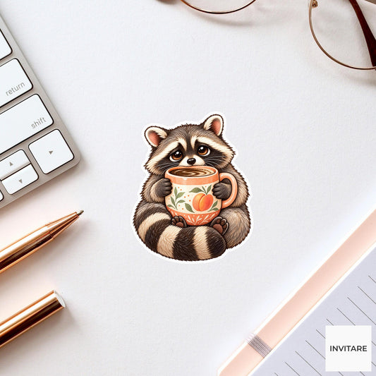 Raccoon Coffee Mug Sticker, Funny Watercolor Trash Panda Laptop Planner Water Bottle Gift